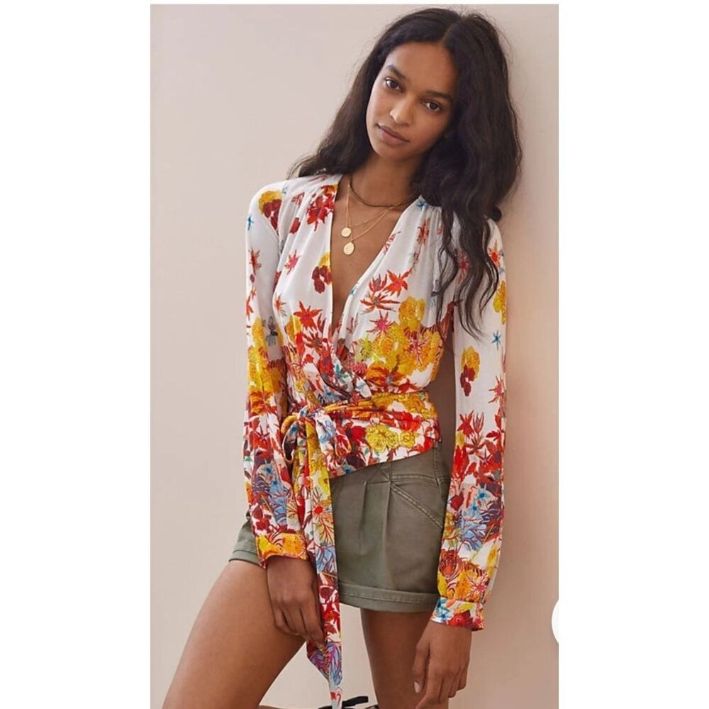 Michelle Morin For Anthropologie Blouse Sz M Floral Tiger Print Wrap Tie Waist